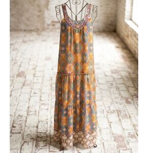 Angie Maxi Dress Multicolor Geometric Sequin Tiered Boho Hippie Festival Large